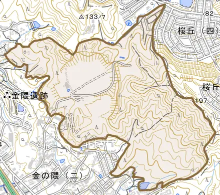 大字金隈とその周辺の地図。町の範囲を重ねている