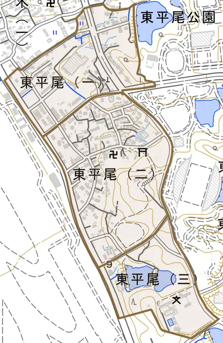 東平尾とその周辺の地図。町の範囲を重ねている