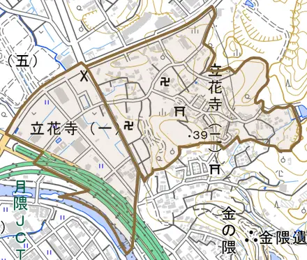 立花寺とその周辺の地図。町の範囲を重ねている