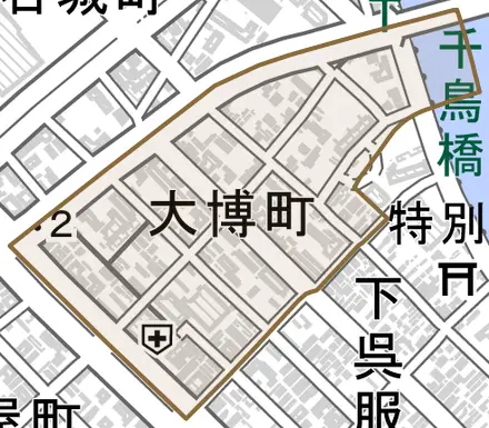 大博町とその周辺の地図。町の範囲を重ねている