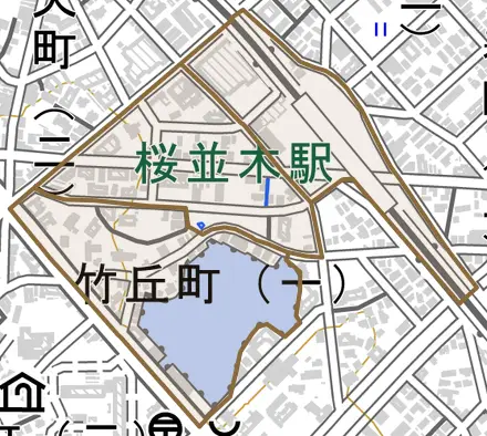 竹丘町とその周辺の地図。町の範囲を重ねている
