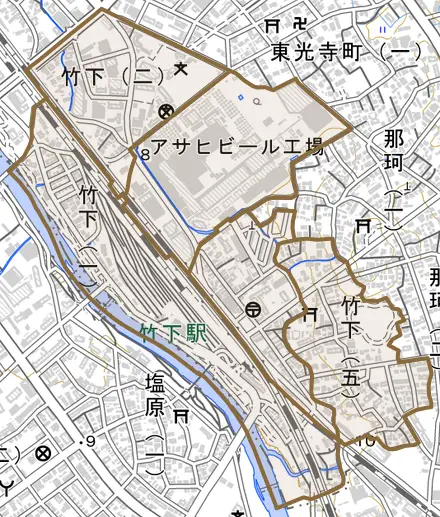 竹下とその周辺の地図。町の範囲を重ねている