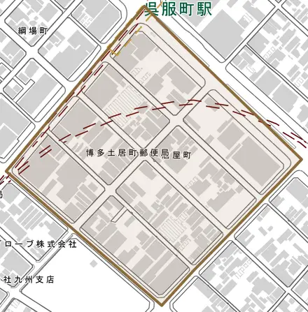 店屋町とその周辺の地図。町の範囲を重ねている