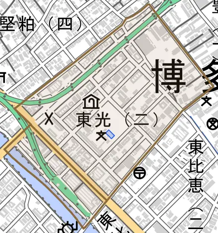 東光とその周辺の地図。町の範囲を重ねている