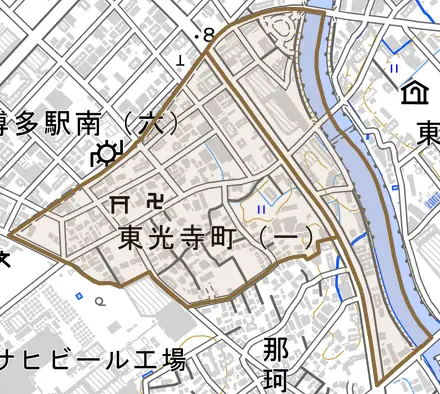 東光寺町とその周辺の地図。町の範囲を重ねている