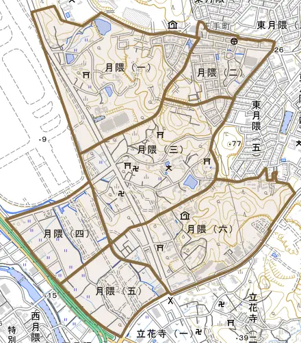 月隈とその周辺の地図。町の範囲を重ねている