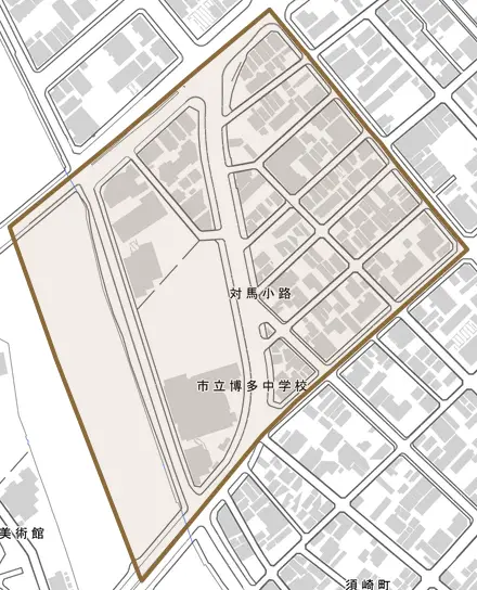 対馬小路とその周辺の地図。町の範囲を重ねている