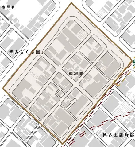 綱場町とその周辺の地図。町の範囲を重ねている