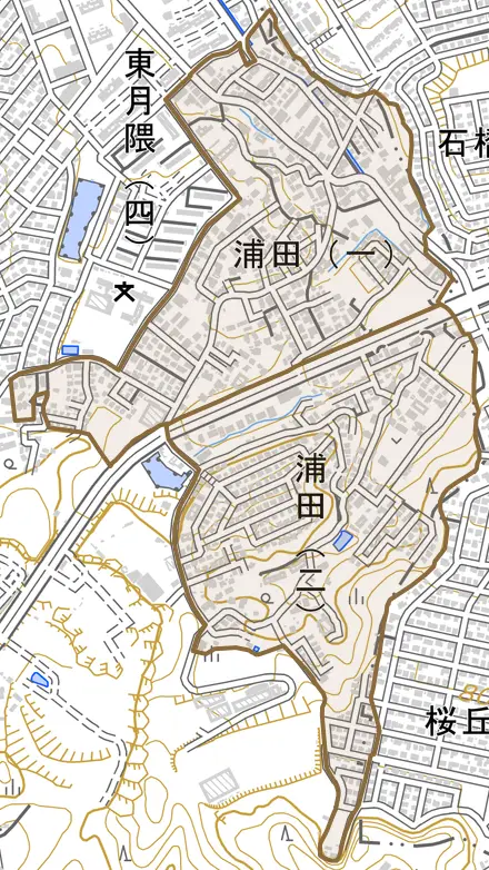 浦田とその周辺の地図。町の範囲を重ねている