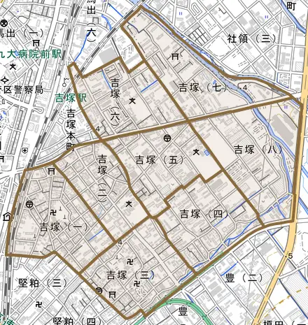 吉塚とその周辺の地図。町の範囲を重ねている