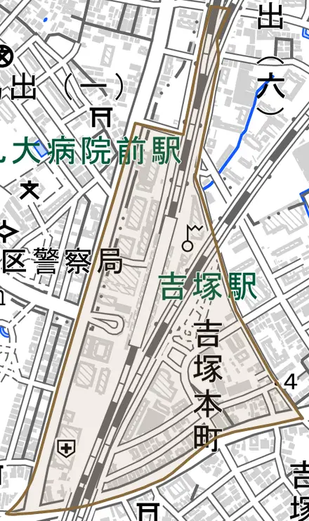 吉塚本町とその周辺の地図。町の範囲を重ねている
