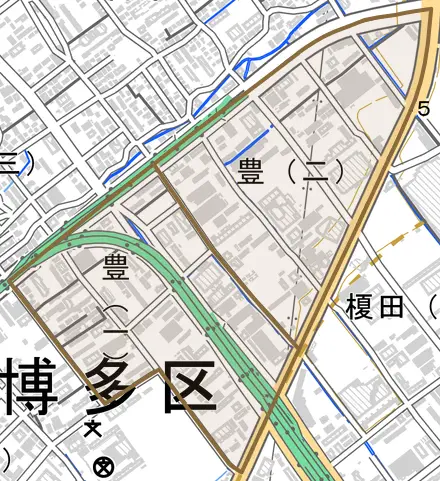 豊とその周辺の地図。町の範囲を重ねている
