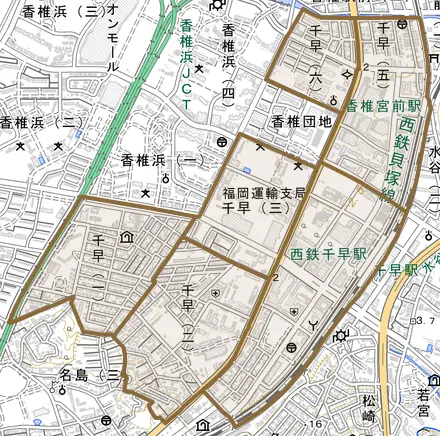 千早とその周辺の地図。町の範囲を重ねている