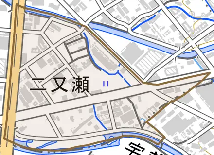 二又瀬とその周辺の地図。町の範囲を重ねている