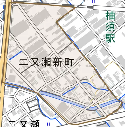二又瀬新町とその周辺の地図。町の範囲を重ねている