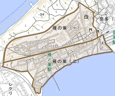 雁の巣とその周辺の地図。町の範囲を重ねている