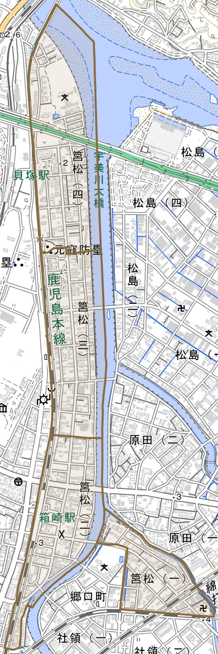 筥松とその周辺の地図。町の範囲を重ねている
