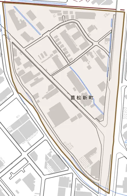 筥松新町とその周辺の地図。町の範囲を重ねている