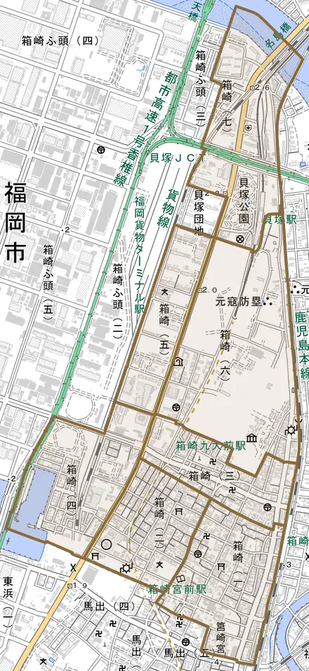 箱崎とその周辺の地図。町の範囲を重ねている