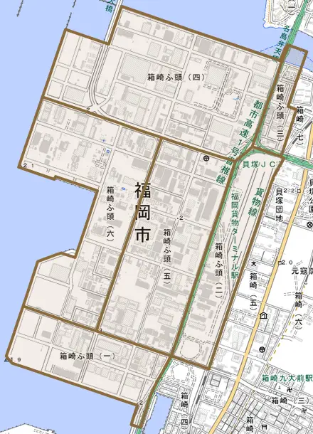 箱崎ふ頭とその周辺の地図。町の範囲を重ねている