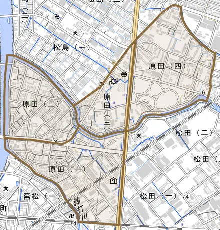 原田とその周辺の地図。町の範囲を重ねている