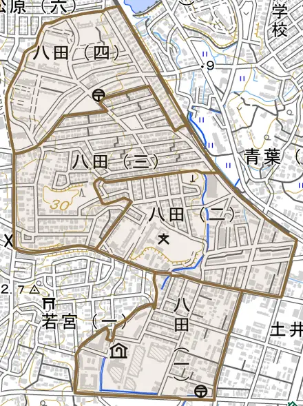 八田とその周辺の地図。町の範囲を重ねている
