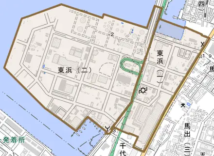 東浜とその周辺の地図。町の範囲を重ねている