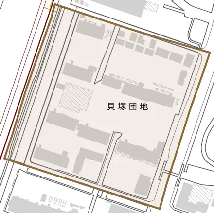 貝塚団地とその周辺の地図。町の範囲を重ねている