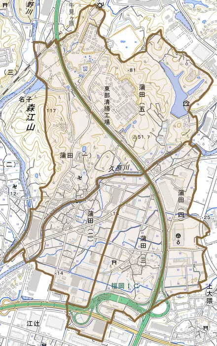 蒲田とその周辺の地図。町の範囲を重ねている