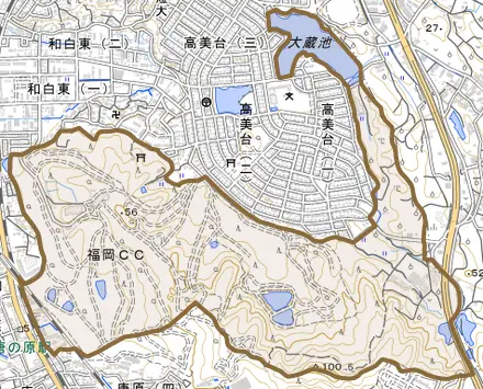 大字上和白とその周辺の地図。町の範囲を重ねている