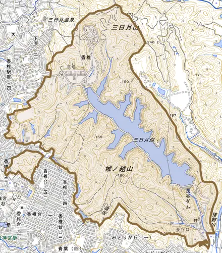 大字香椎とその周辺の地図。町の範囲を重ねている