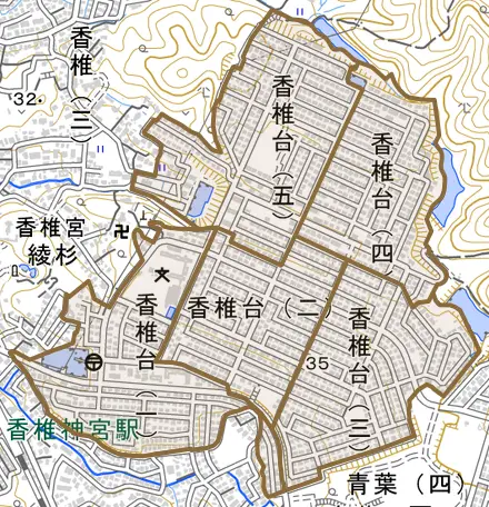 香椎台とその周辺の地図。町の範囲を重ねている