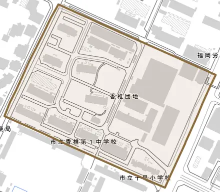 香椎団地とその周辺の地図。町の範囲を重ねている