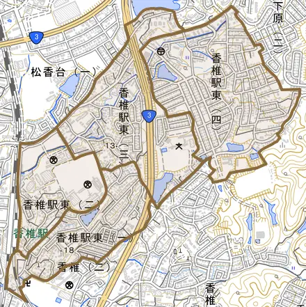 香椎駅東とその周辺の地図。町の範囲を重ねている