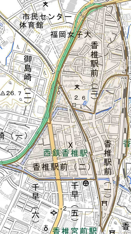 香椎駅前とその周辺の地図。町の範囲を重ねている