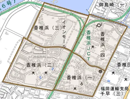 香椎浜とその周辺の地図。町の範囲を重ねている