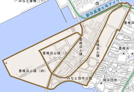 香椎浜ふ頭とその周辺の地図。町の範囲を重ねている
