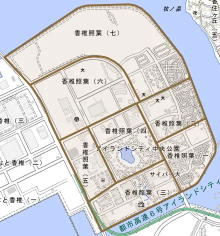 香椎照葉とその周辺の地図。町の範囲を重ねている