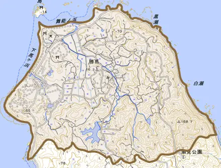 大字勝馬とその周辺の地図。町の範囲を重ねている
