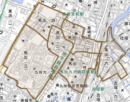 馬出とその周辺の地図。町の範囲を重ねている