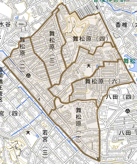 舞松原とその周辺の地図。町の範囲を重ねている