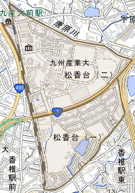 松香台とその周辺の地図。町の範囲を重ねている