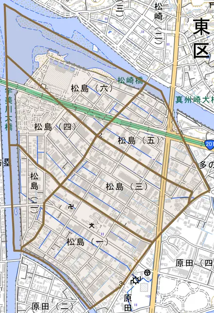 松島とその周辺の地図。町の範囲を重ねている