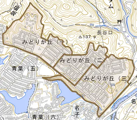 みどりが丘とその周辺の地図。町の範囲を重ねている