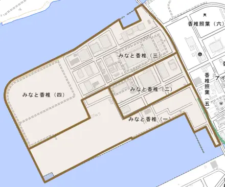 みなと香椎とその周辺の地図。町の範囲を重ねている