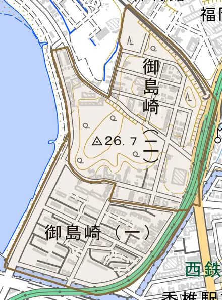 御島崎とその周辺の地図。町の範囲を重ねている
