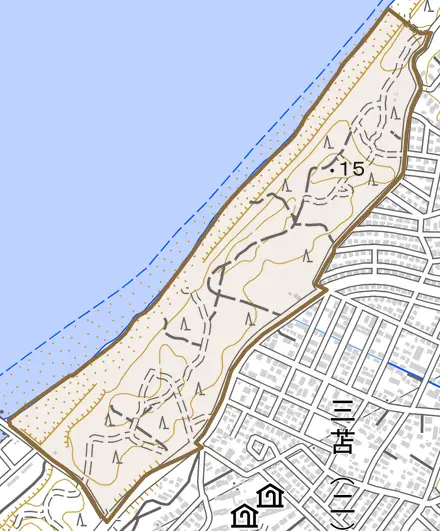 大字三苫とその周辺の地図。町の範囲を重ねている