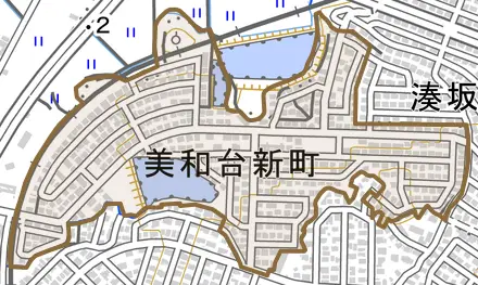 美和台新町とその周辺の地図。町の範囲を重ねている
