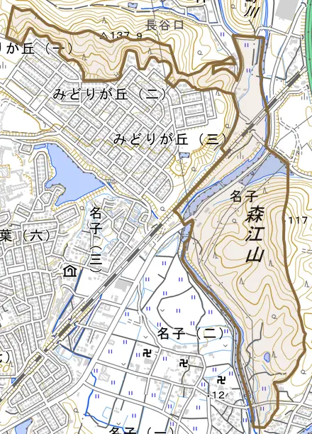 大字名子とその周辺の地図。町の範囲を重ねている