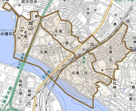 名島とその周辺の地図。町の範囲を重ねている
